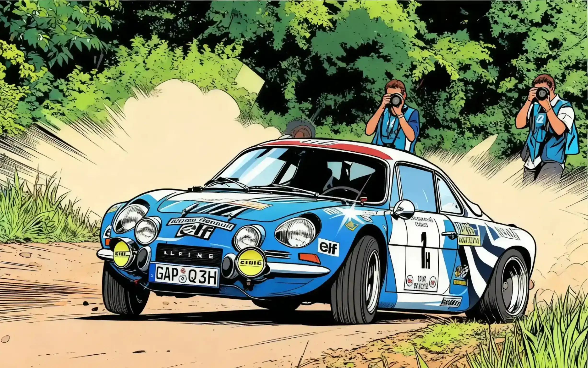 Comic-style illustration of a blue vintage rally car racing on a dirt road with dust behind it. The car is decorated with various sponsor stickers and racing numbers, and is surrounded by lush green trees. Three photographers are capturing the race, one in the background and two on the right side of the scene.