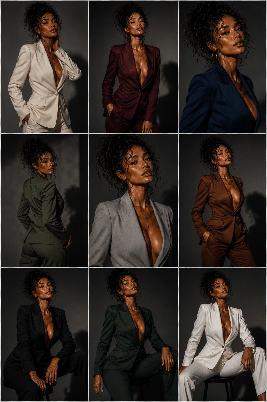 Series of nine portraits of a woman with curly hair, wearing different suits in white, burgundy, navy blue, green, gray, brown, black, dark green, and white, posed against a dark gray background.