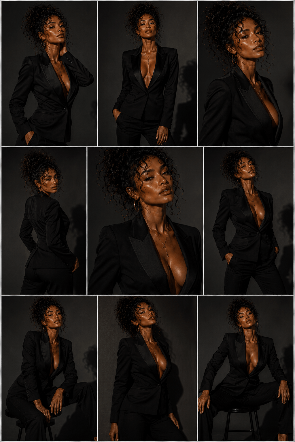 Collage of a woman with curly hair wearing a black blazer and pants, posing against a dark background in various angles and expressions.