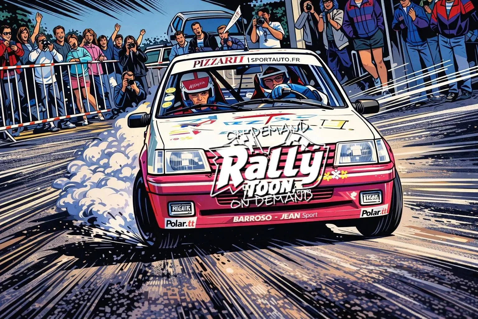 Special order from france- Peugeot 205 rally car race with a pink and white car speeding around a corner, kicking up dust and smoke. Spectators and photographers are behind barriers, cheering and taking pictures.