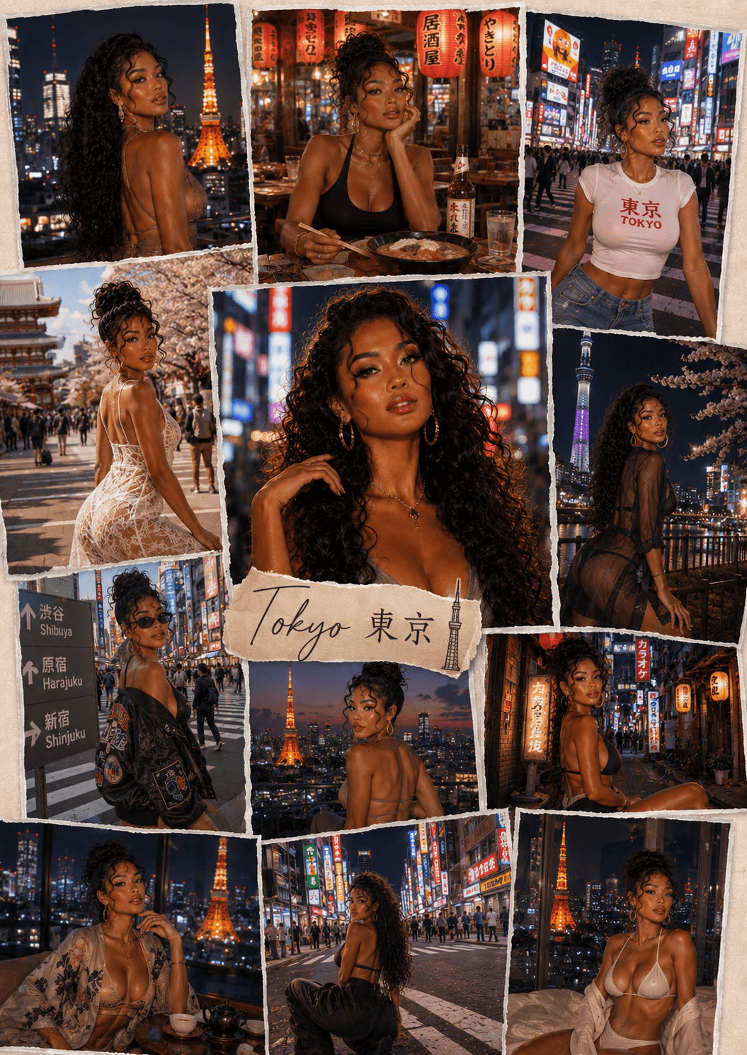 Collage of a woman exploring Tokyo at night and during the day. Includes cityscapes with illuminated Tokyo Tower, busy streets with neon signs, dining and leisure scenes, and a mixed fashion style featuring evening, casual, and traditional Japanese-i