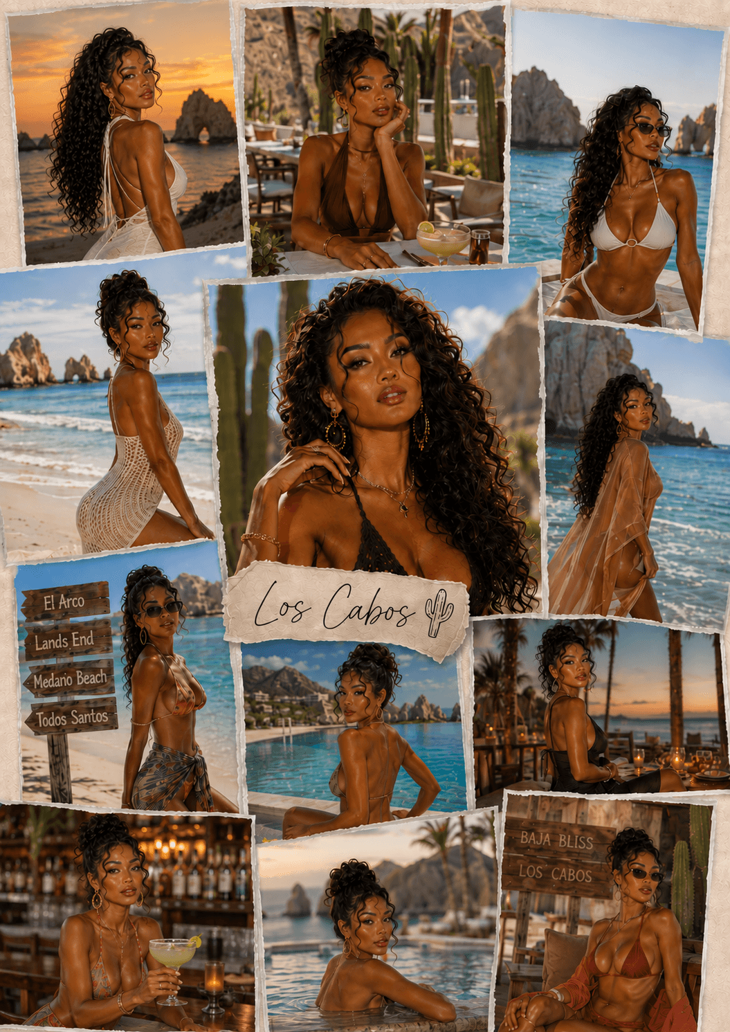 A collage of women enjoying a vacation in Los Cabos, showcasing beaches, pools, sunsets, and desert landscapes, with signs indicating popular locations.