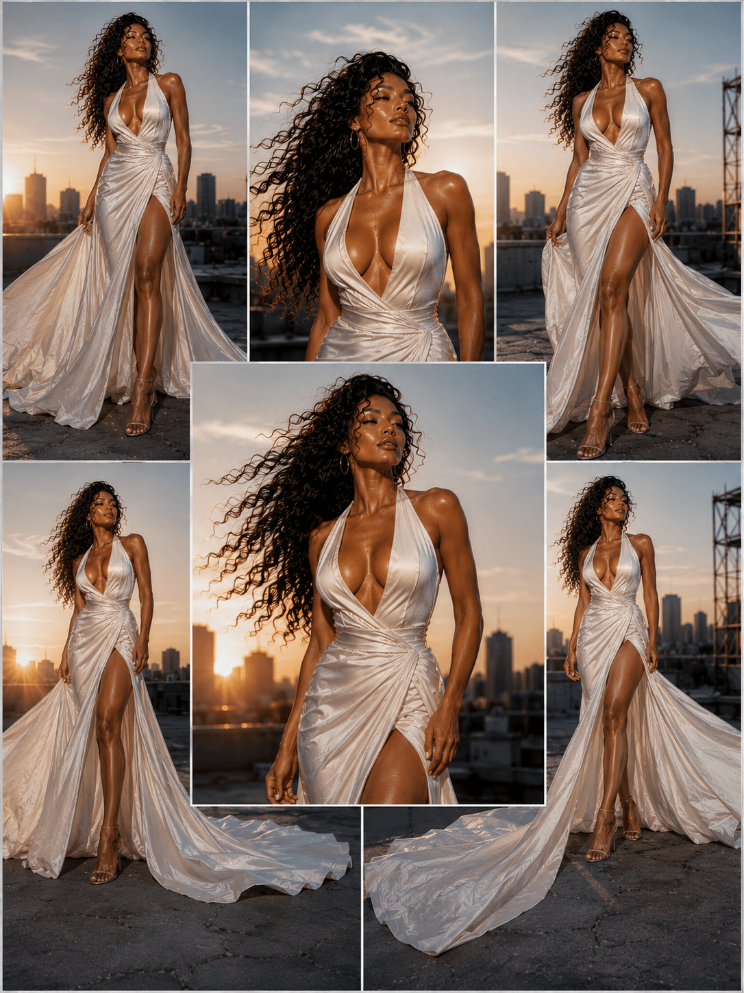 A woman with curly hair wearing a shiny, flowing white dress with a high slit, standing on a rooftop during sunset in a cityscape.