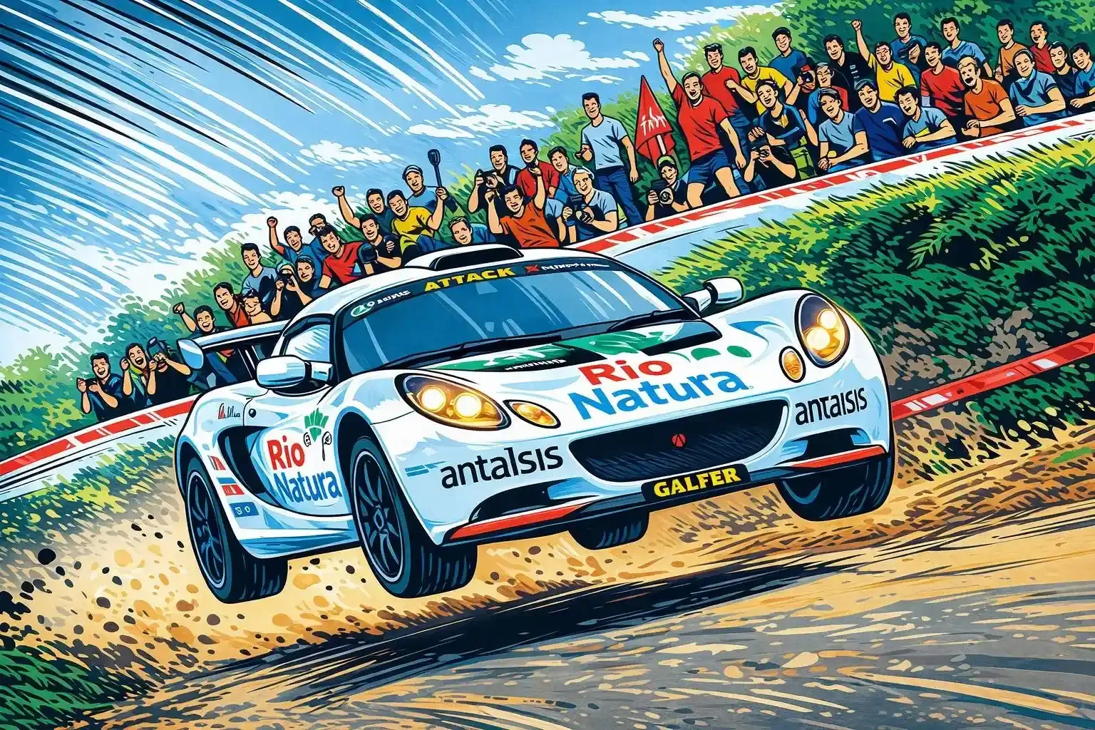A Rally cartoon illustration of a race car with sponsorship logos, speeding on a dirt track with cheering spectators in the background under a blue sky.