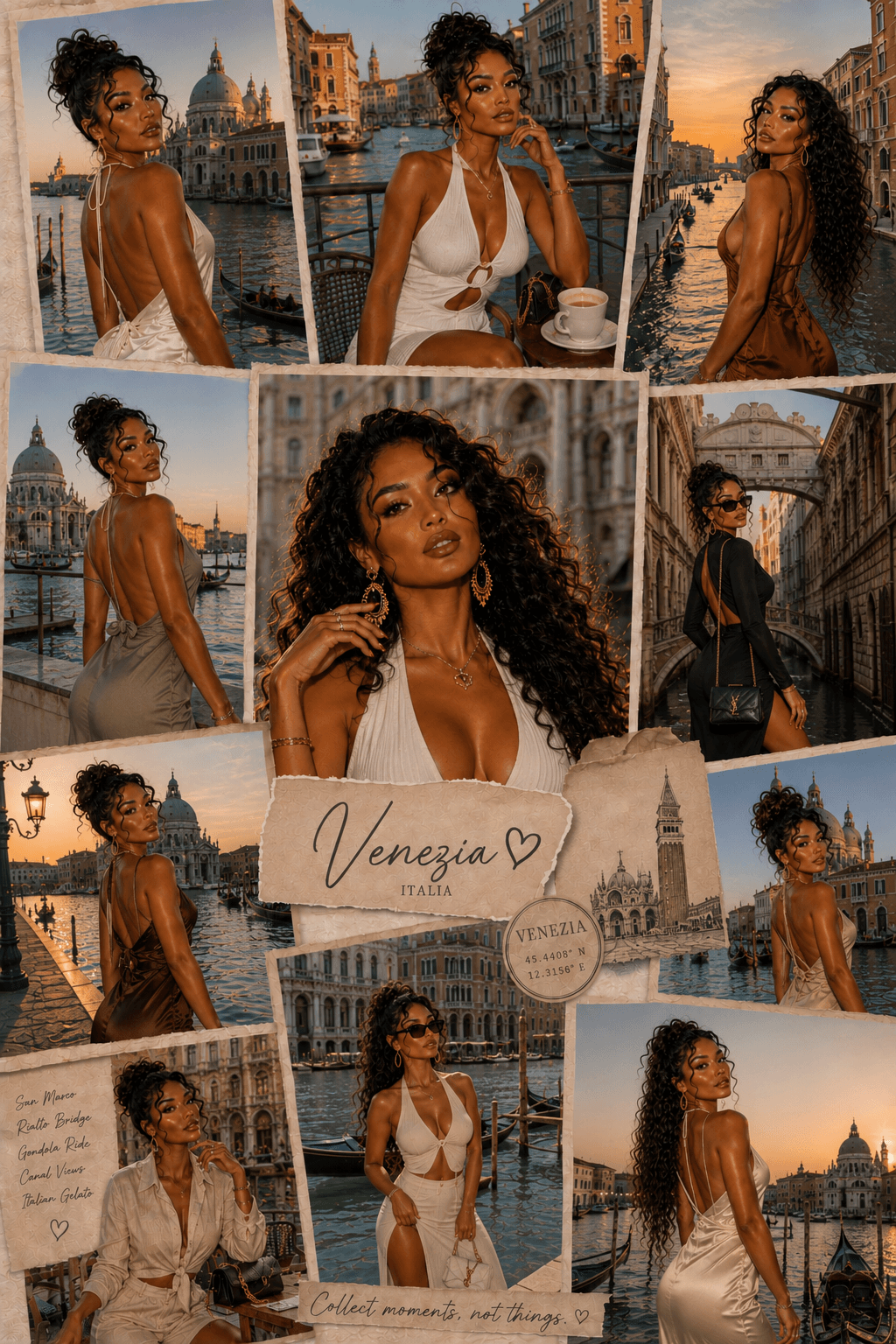 A collage of photos featuring a woman with curly hair posing in Venice, Italy, by canals, bridges, and historic architecture at sunset.