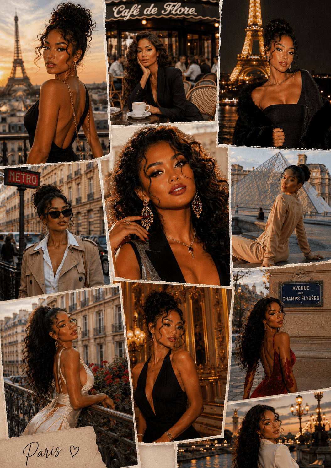 Collage of a woman with curly black hair in various Parisian settings, including the Eiffel Tower at sunset, Café de Flore, Louvre Museum, and Paris streets. She is dressed stylishly in different outfits, including dresses, jackets, and accessories.