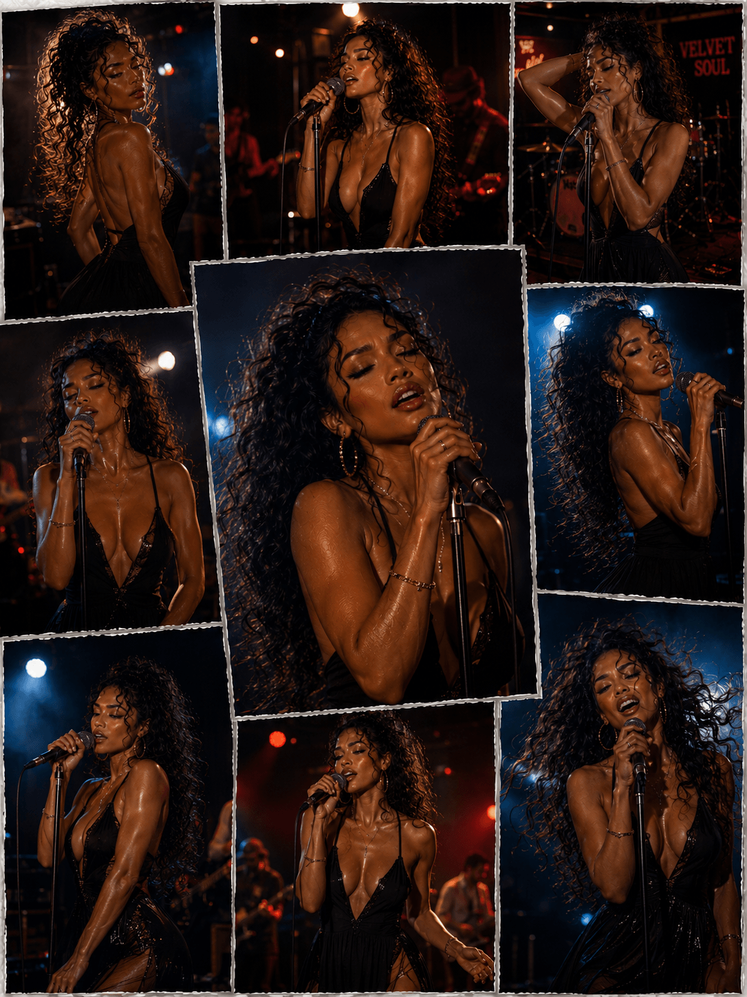 A collage of nine photos of a woman singing on stage in a black dress, with a band in the background, capturing different expressions and poses during her performance.