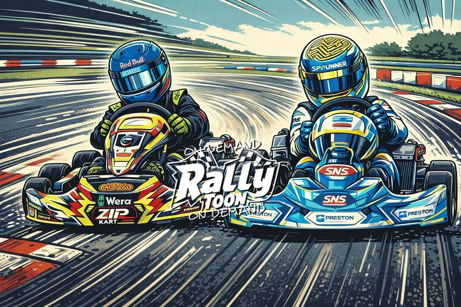 Special order from UK - Colorful animated illustration of two go-kart race cars with drivers in helmets, racing on a track surrounded by blurred lines indicating high speed. The left kart is yellow and black with 'ZIP' and 'Wera' logos, and the right