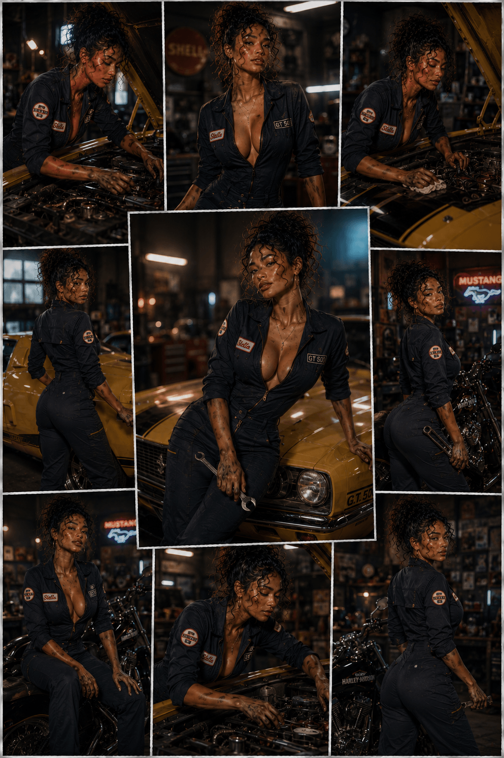 A collage of images featuring a woman dressed as a mechanic, working on a car and a motorcycle in a garage. The woman has curly hair, wears a dark mechanic jumpsuit with patches, and is shown in various poses, some holding tools, with a yellow sports