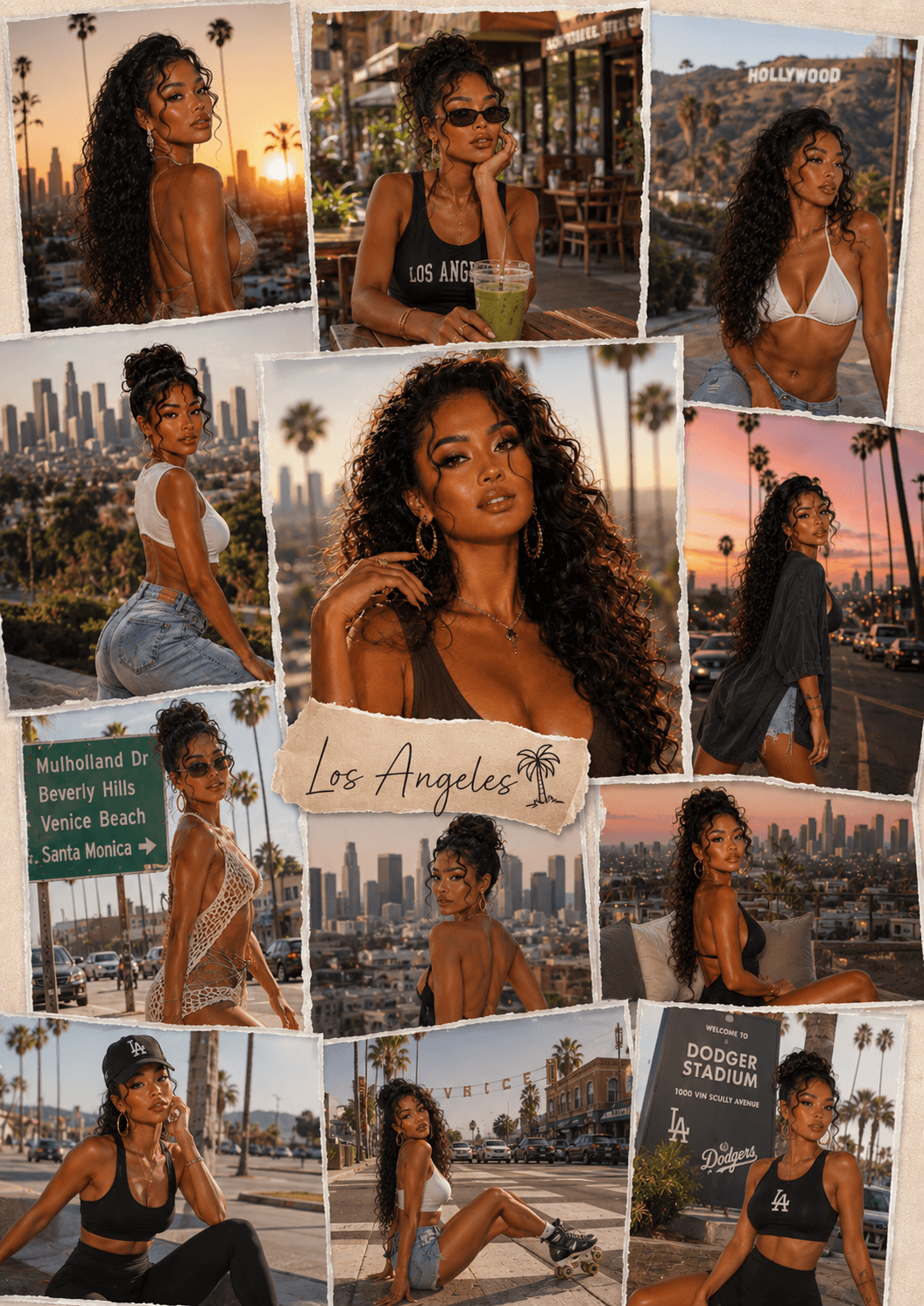 Collage of a woman with curly hair posing in various locations around Los Angeles, including city skylines, Hollywood sign, and Dodger Stadium. She is seen wearing different outfits, sunglasses, roller skating, and sitting on a couch with sunset view