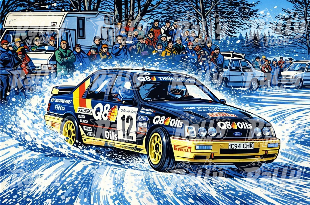 Cartoon illustration of a black and yellow rally car racing on snow, kicking up snow spray with a crowd of spectators and vehicles in the background.
