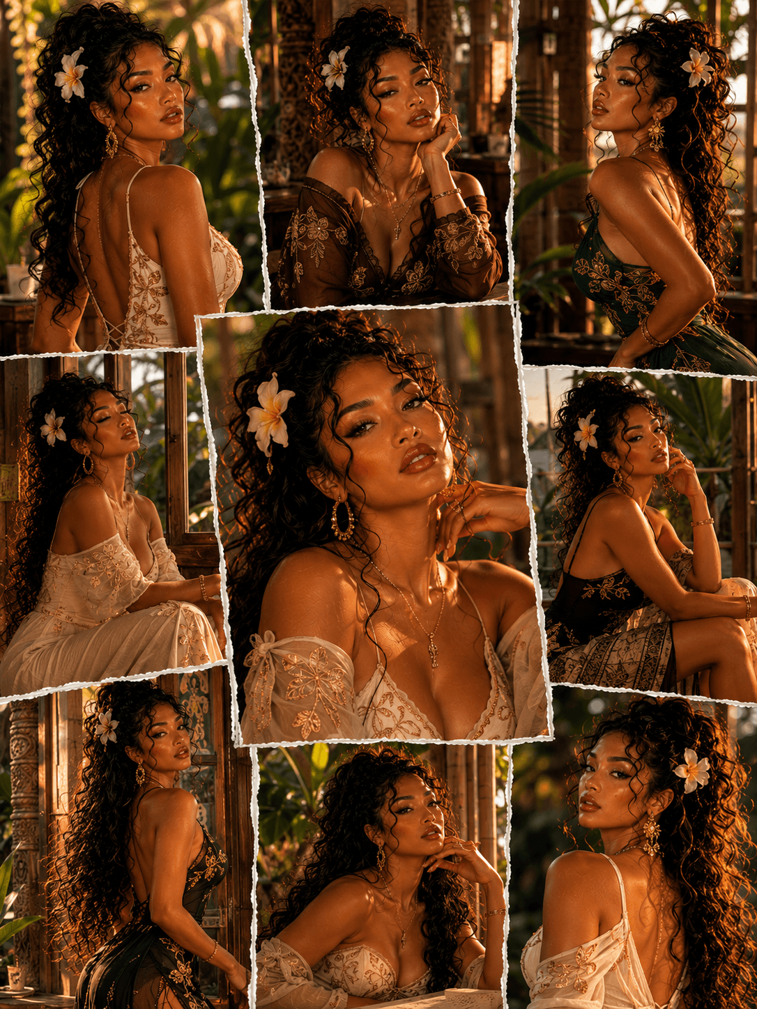 Collage of a woman with curly hair and a white flower in her hair, posing in various elegant outfits inside a warm-lit tropical setting.
