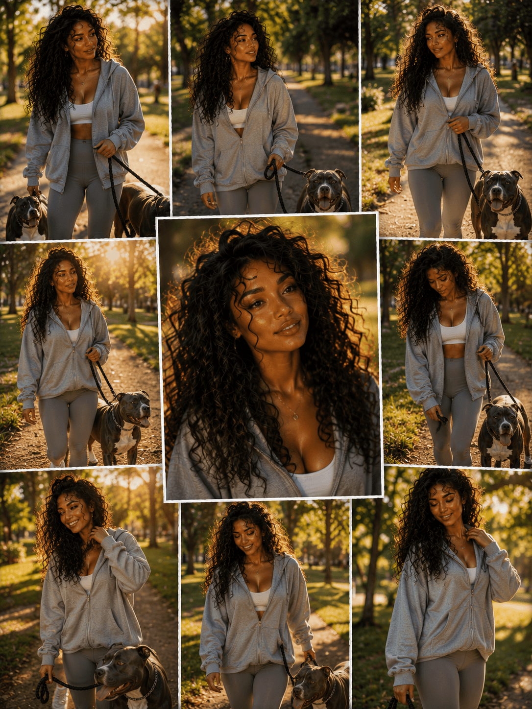 A collage of nine photos of a woman with long curly hair walking a dog in a park during sunset. She is dressed in a gray zip-up hoodie and gray leggings, holding the dog's leash. The background features trees and a pathway with warm, golden lighting,