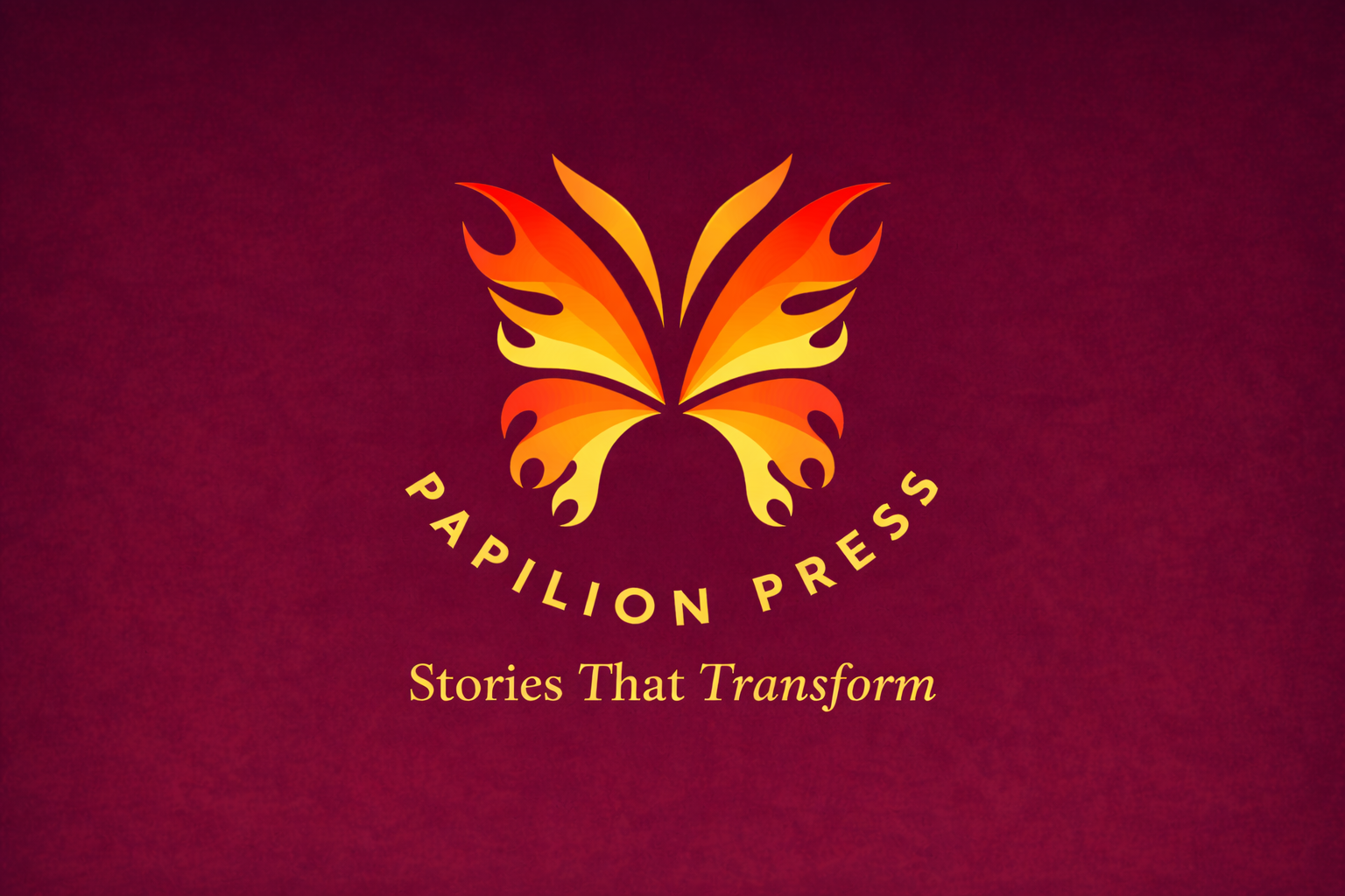 A logo for Papillion Press featuring a stylized butterfly with orange, yellow, and black details, set against a dark red textured background, with the text 'Papillion Press' curved around the butterfly and the tagline 'Stories That Transform' below.