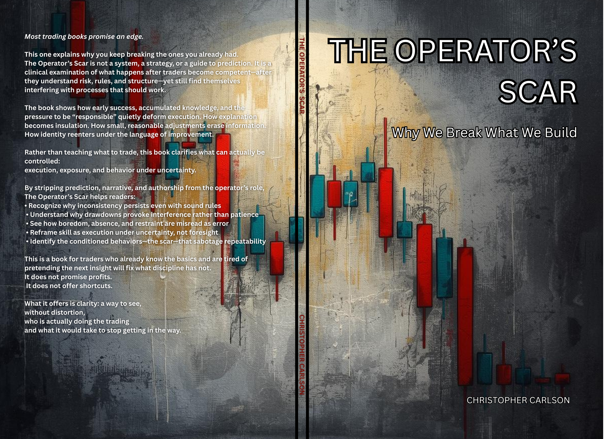 The book cover titled 'The Operator's Scar' by Christopher Carlson features an abstract background with candlestick charts in red and blue. The subtitle reads 'Why We Break What We Build.' The back cover has a synopsis discussing trading, risk, and d