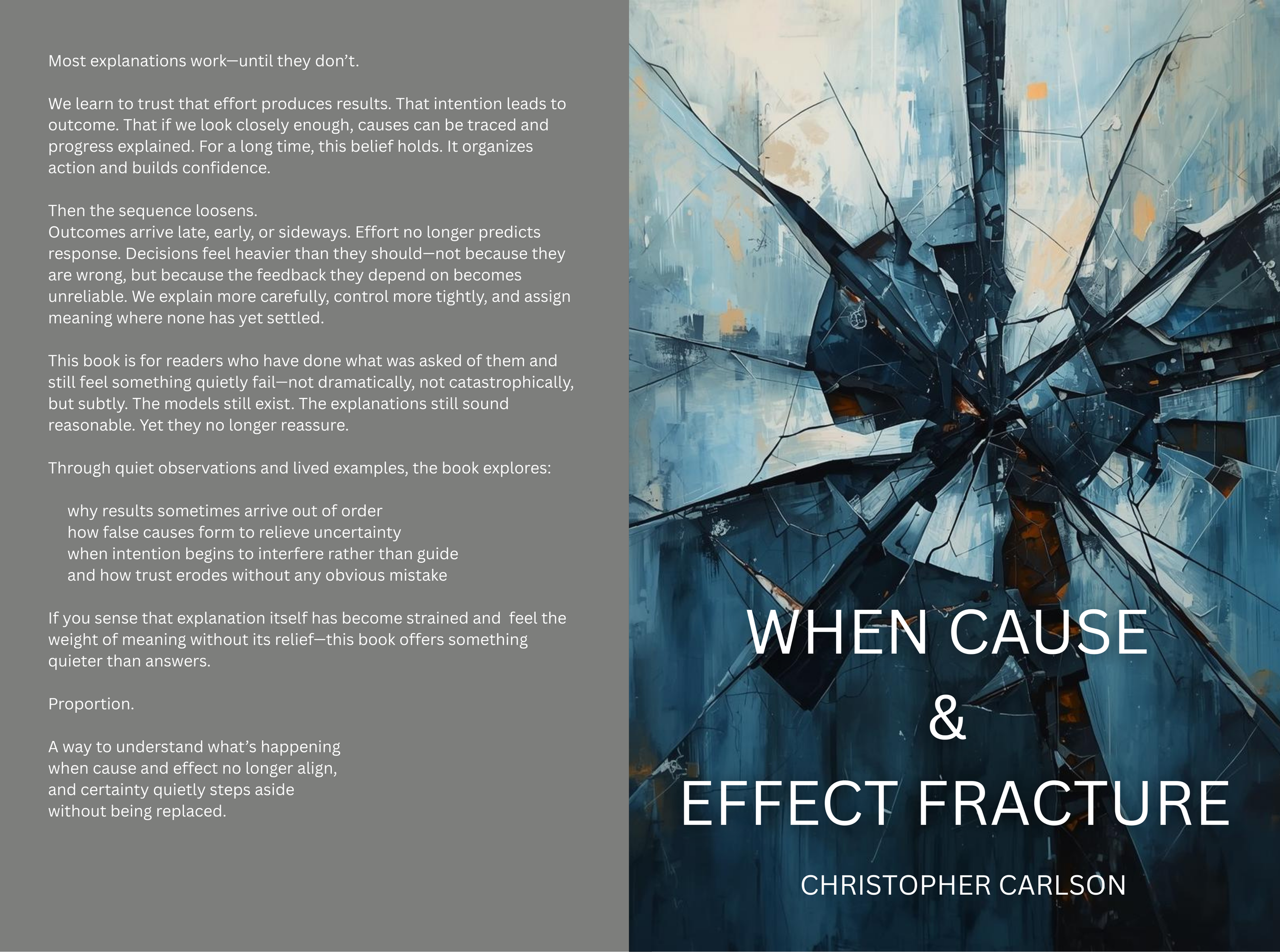 Book cover featuring a shattered glass pattern with the title "When Cause & Effect Fracture" and the author "Christopher Carlson."