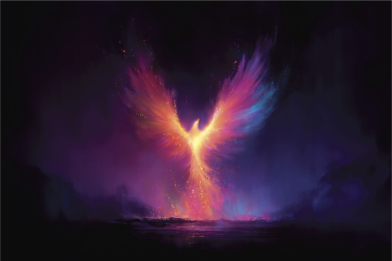 Digital artwork of a luminous phoenix with vibrant orange, pink, purple, and blue feathers ascending from water, set against a dark background.