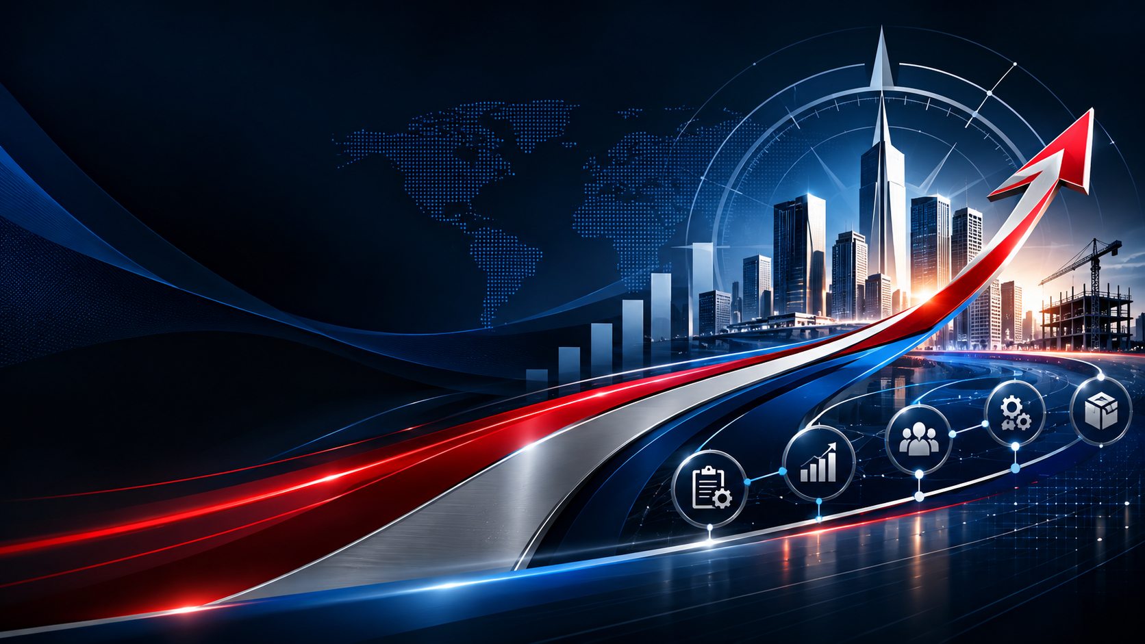 Digital illustration of a city skyline with a rising arrow, bar graphs, and icons representing growth, teamwork, settings, and logistics, overlaid on a world map and futuristic digital lines.