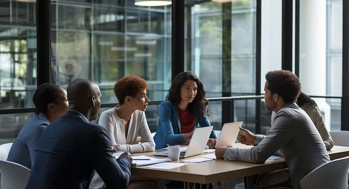 Five diverse professionals having a meeting in a modern office with large windows.