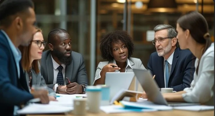 Business meeting with six diverse professionals seated around a table, engaged in discussion, with laptops and documents.