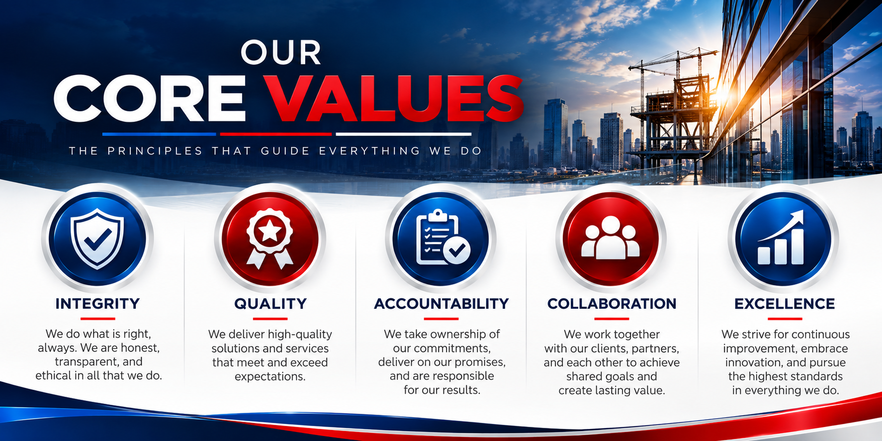 Image showing core values of a company: Integrity, Quality, Accountability, Collaboration, Excellence, with icons and descriptions for each