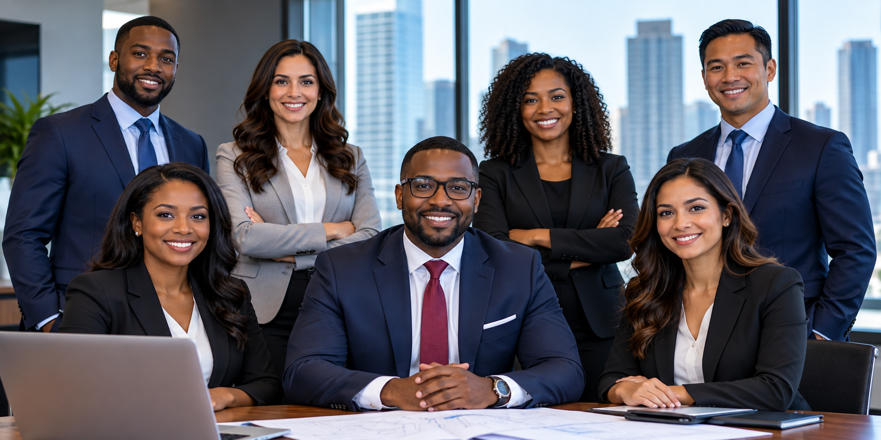 A diverse group of eight business professionals in a modern office, with tall city buildings visible through large windows in the background. They are smiling and dressed in formal business attire. Four people are standing in the background, and four are seated in the foreground, with a laptop and documents on the desk.
