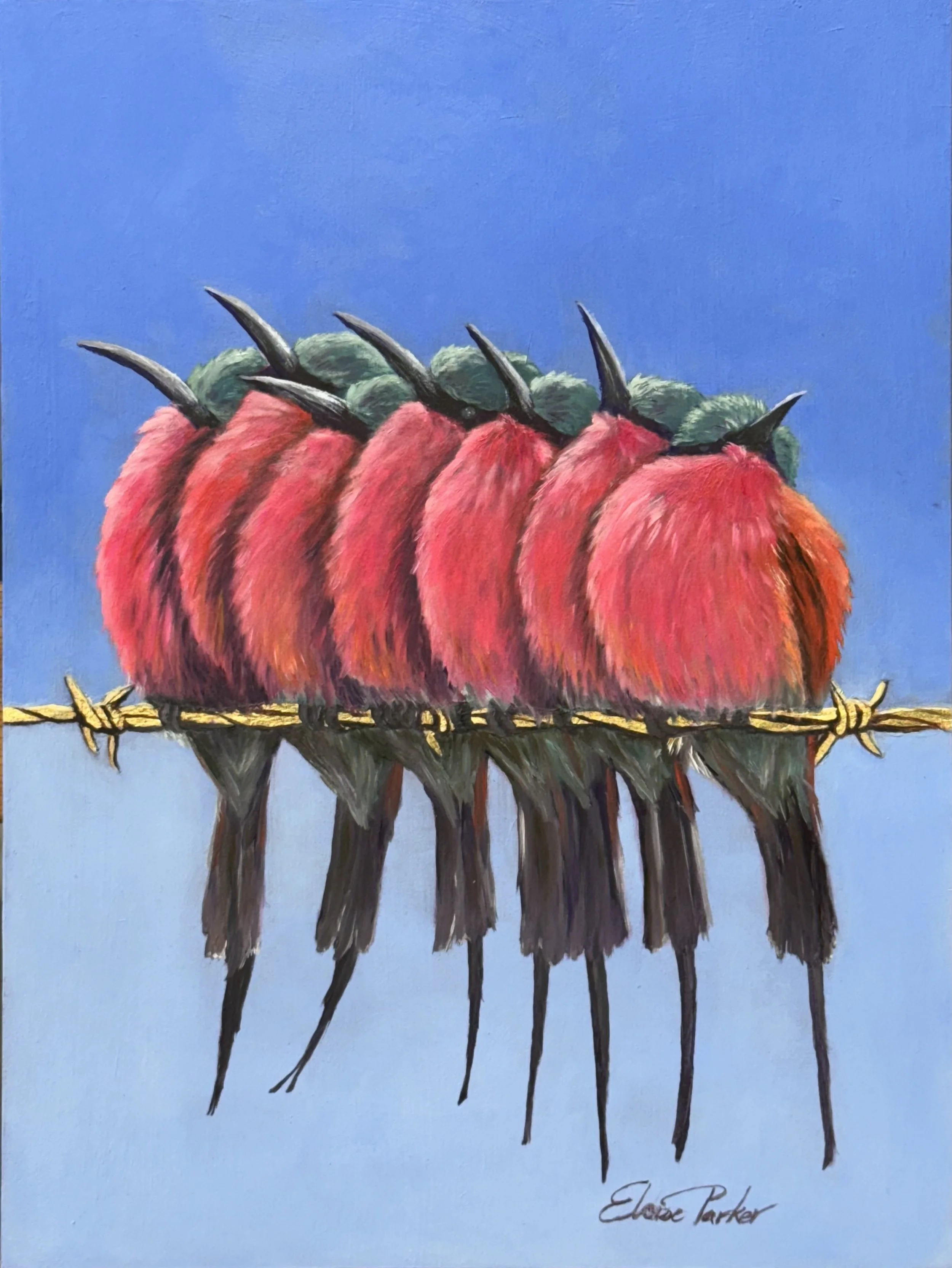 Painting of five stylized birds with pink and red feathers, black beaks, and green heads, perched on a yellow bar against a blue background. Copyright Eloise Parker.