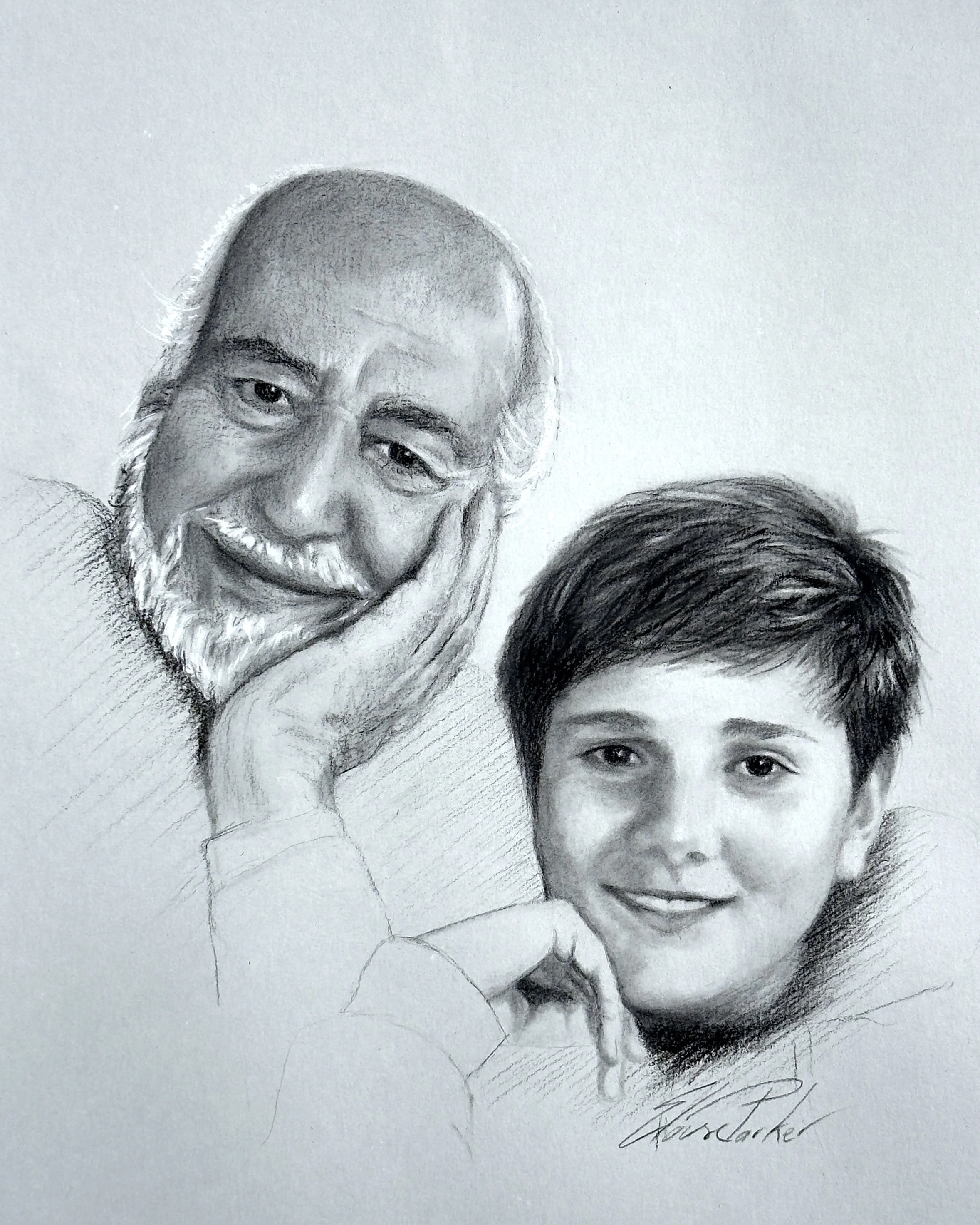A detailed pencil drawing of an elderly man with a beard and a young boy, both smiling, with the man resting his head on his hand. Copyright Eloise Parker.