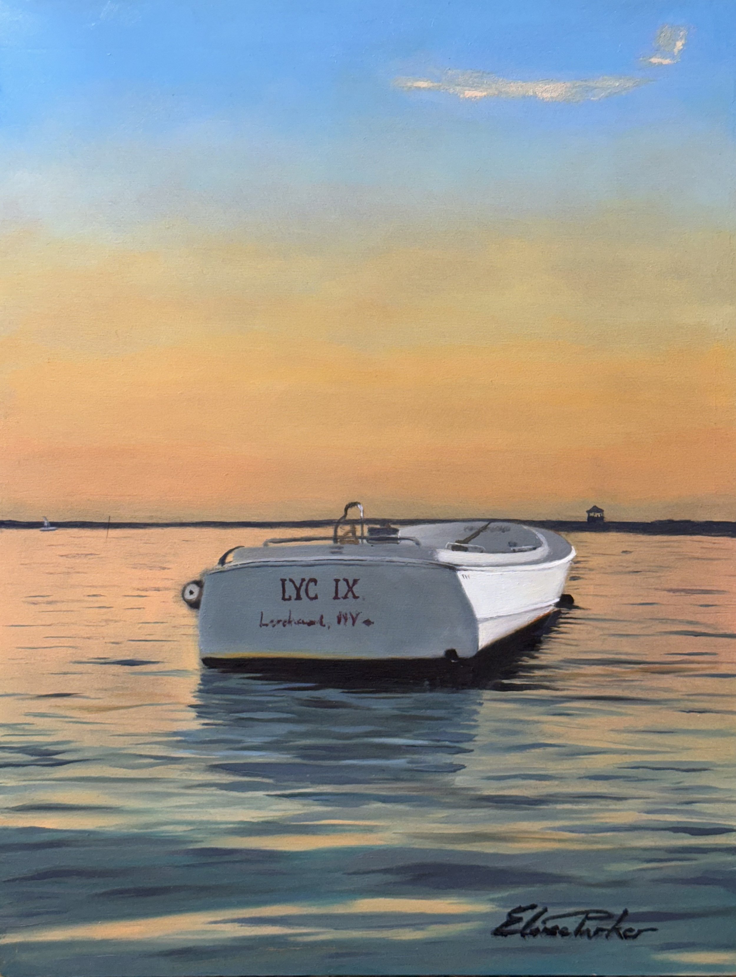 Painting of a boat on calm water during sunset, with a colorful sky and distant shoreline. Copyright Eloise Parker.
