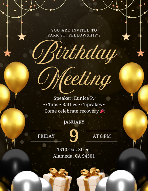 Elegant birthday invitation with gold and black balloons, star and confetti decorations, and text inviting to a birthday meeting with details about date, time, location, and festivities.