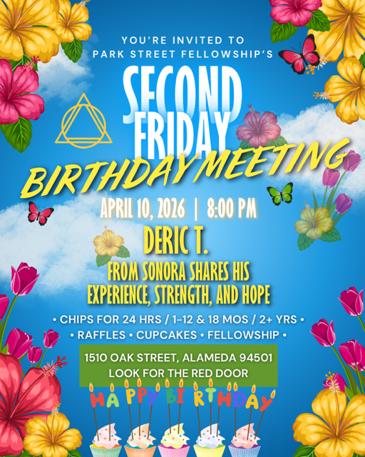 Invitation poster for a birthday meeting celebrating Deric I.'s birthday on April 10, 2016, at 8:00 PM at 1510 Oak Street, Alameda 94501. The event features chips, raffles, cupcakes, and fellowship, with colorful flowers and butterflies in the background.