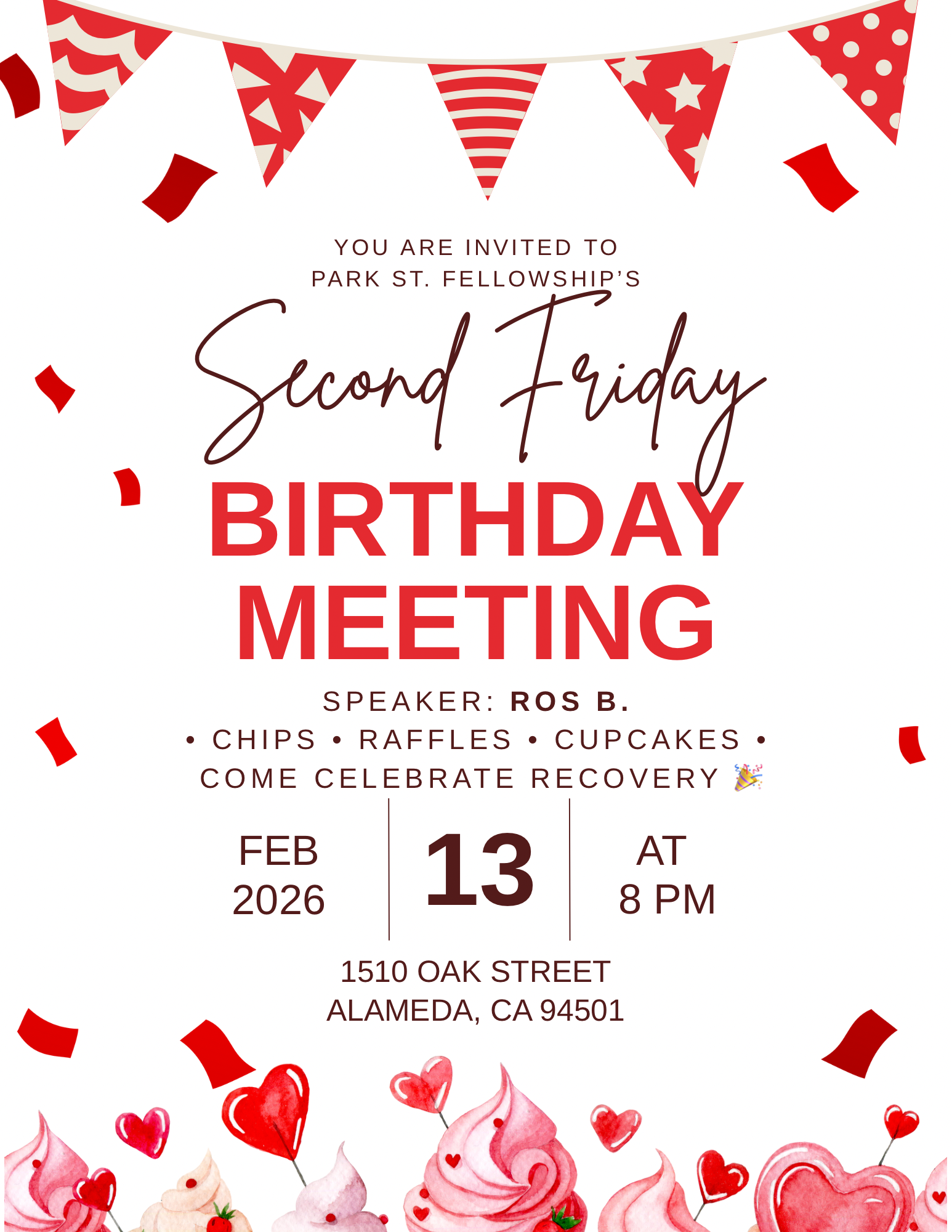 Invitation to a birthday meeting celebrating recovery, with red, white, and pink decor, featuring bunting flags, confetti, cupcakes, and heart-themed illustrations at the bottom.