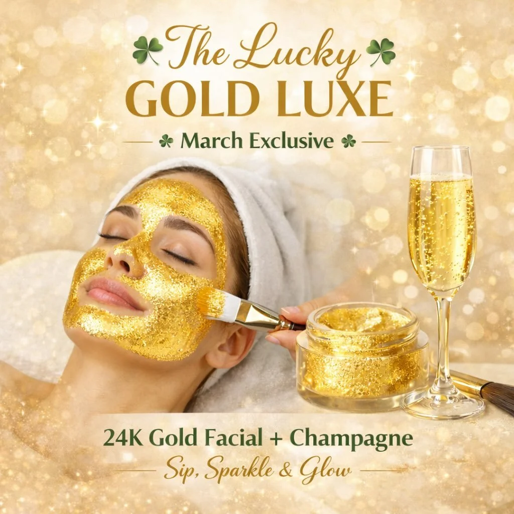 ☘️Strike gold this March ✨

The Lucky Gold Luxe is our limited-edition 24K Gold Facial designed to brighten dull skin, boost circulation, and leave you glowing.

Enjoy a sculpting facial massage, luxurious 24K Gold Mask, and a complimentary glass of 