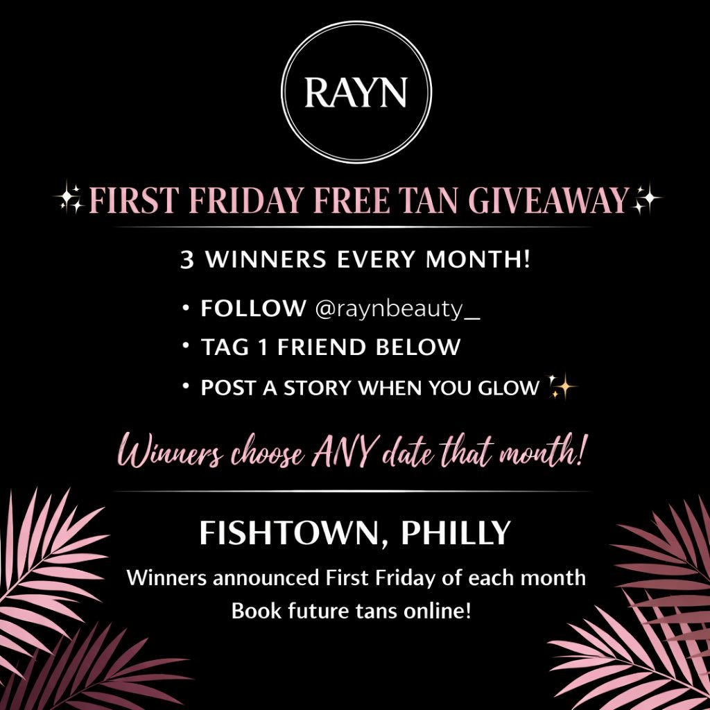 ✨ FIRST FRIDAY FREE TAN GIVEAWAY ✨

Every First Friday of the month, I will be choosing 3 girls to receive a FREE Dolce Glow spray tan 🤎

Winners can choose ANY date within that month that works best for their schedule!

HOW TO ENTER:
&bull; Follow 