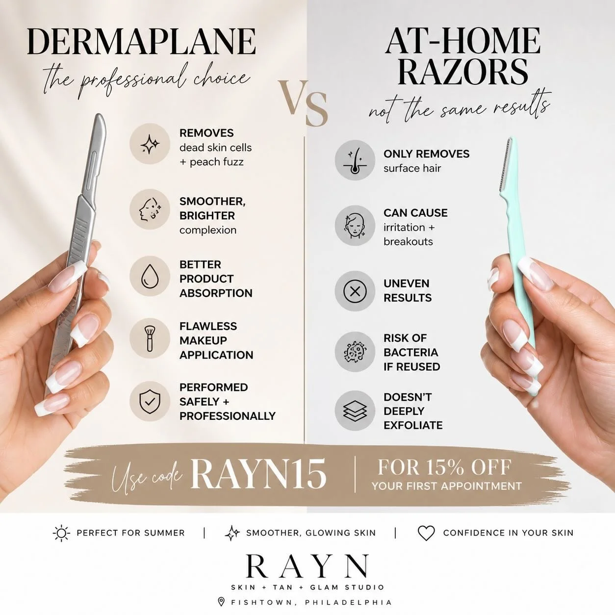 If you&rsquo;ve been using at-home razors, you&rsquo;re only removing surface hair. Professional dermaplaning removes dead skin + peach fuzz, leaving your skin smoother, brighter, and glowing&mdash;perfect for summer ☀️

✨ Use code RAYN15 for 15% off