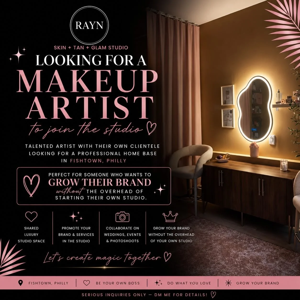 ✨ LOOKING FOR A MAKEUP ARTIST ✨

I&rsquo;m looking to bring a talented makeup artist into my storefront studio space at RAYN Skin + Tan + Glam Studio in Fishtown, Philly 🤍

This is the perfect opportunity for someone who already has their OWN client