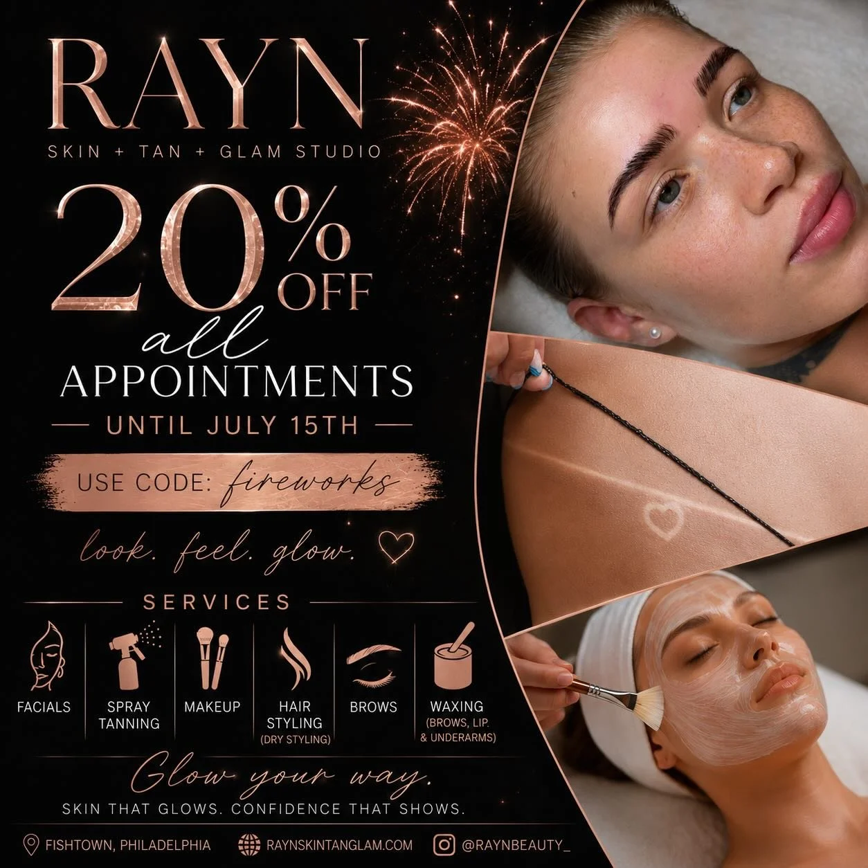 ✨ SUMMER GLOW SALE IS HERE ✨

Take 20% OFF ALL appointments now through July 15th! 🌞

Use code FIREWORKS at raynskintanglam.com to save on your next appointment! 🤍

Whether you&rsquo;re looking for a facial, spray tan, brows, makeup, hair styling, 