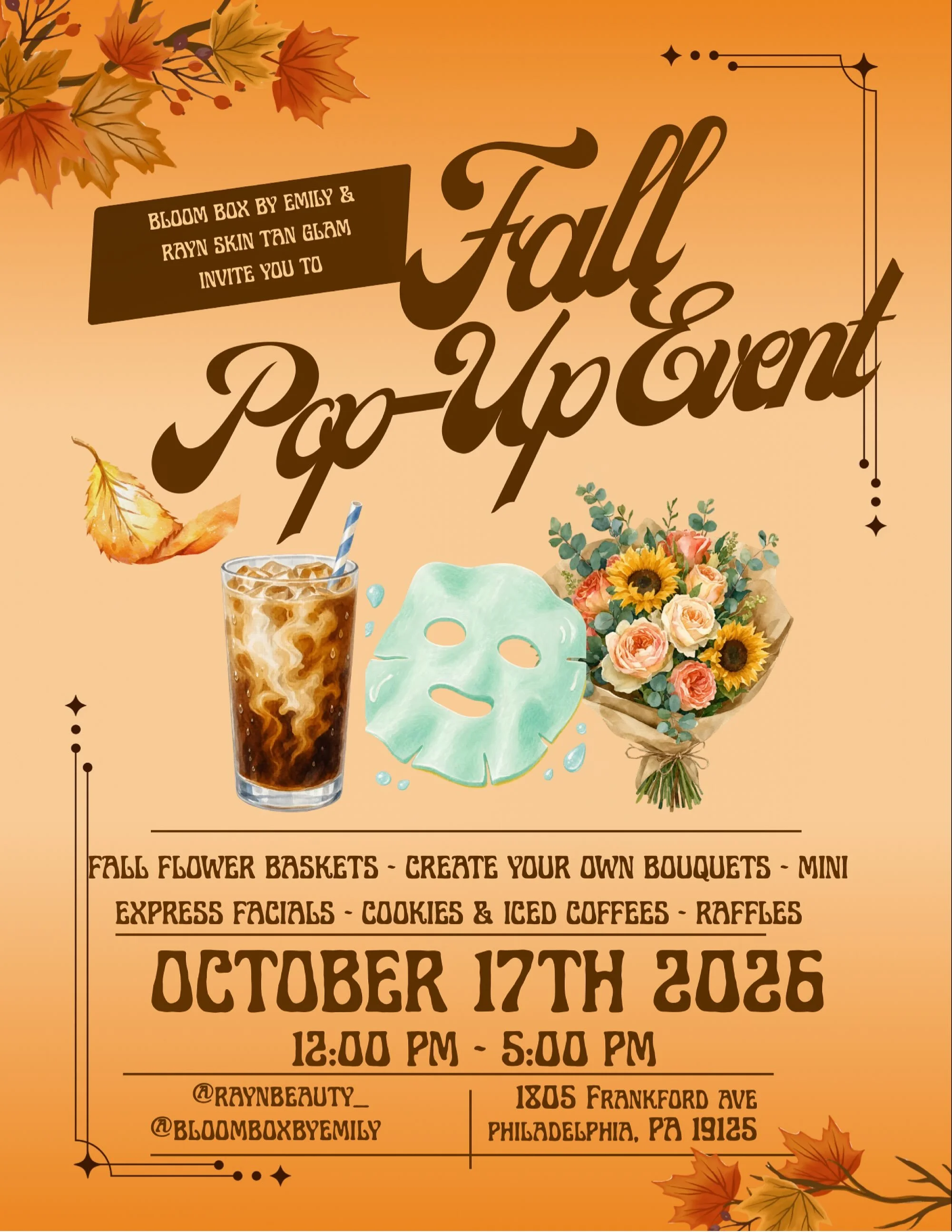 We&rsquo;re doing ANOTHER POP-UP! 🍂✨💐

Join RAYN Skin + Tan + Glam x Bloom Box by Emily for the cutest fall afternoon filled with beauty, flowers, treats &amp; shopping! 🤎

✨ Mini Express Facials
💐 Create Your Own Bouquets
🍂 Fall Flower Baskets
