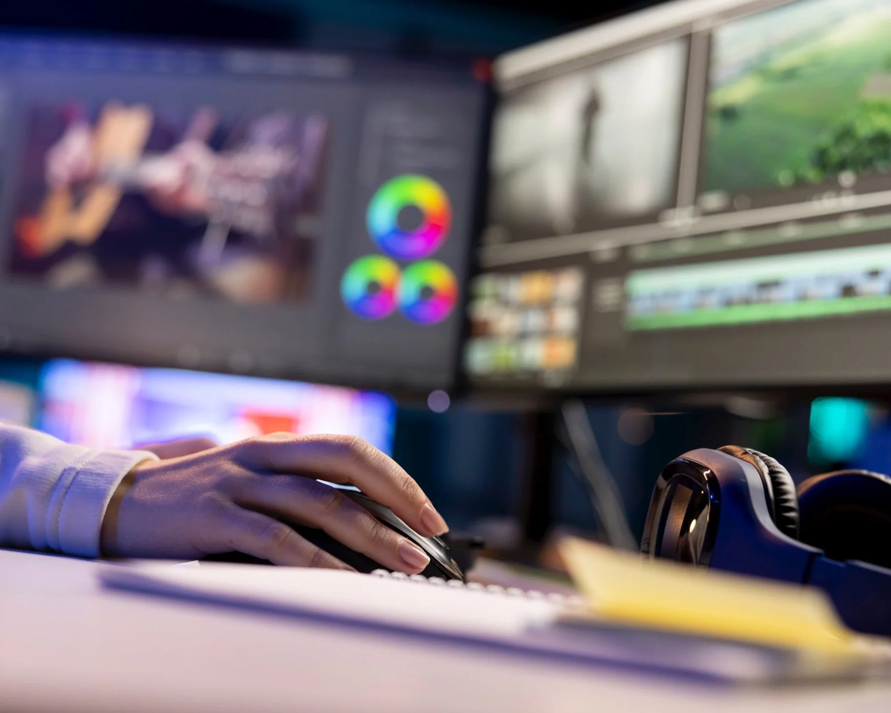 person working on video editing software on a computer with monitors showing editing interfaces, color wheels, and timeline; hand using a mouse; headphones on desk