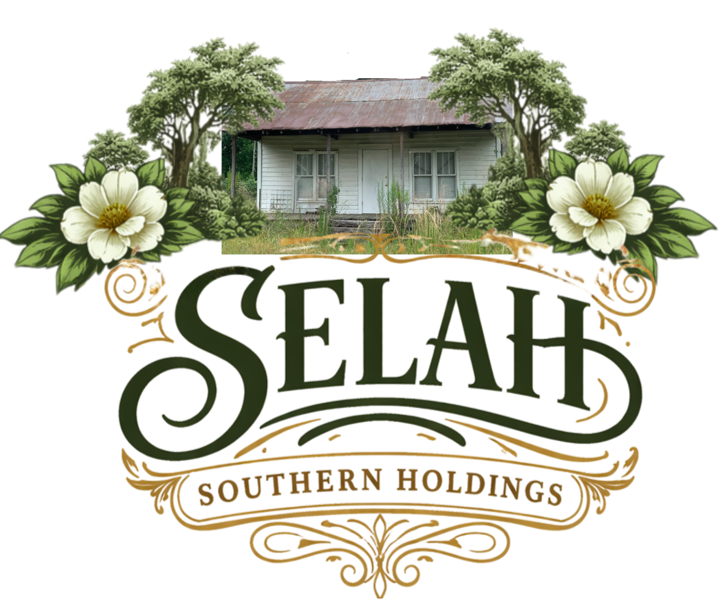 Logo featuring an image of a vintage white house with rusted roof, surrounded by trees and flowers, with the text 'Selah Southern Holdings' underneath in decorative font.