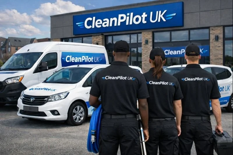CleanPilot UK Ltd certified cleaning specialists standing with branded vans, offering professional sofa, carpet, and mattress cleaning services across the UK.