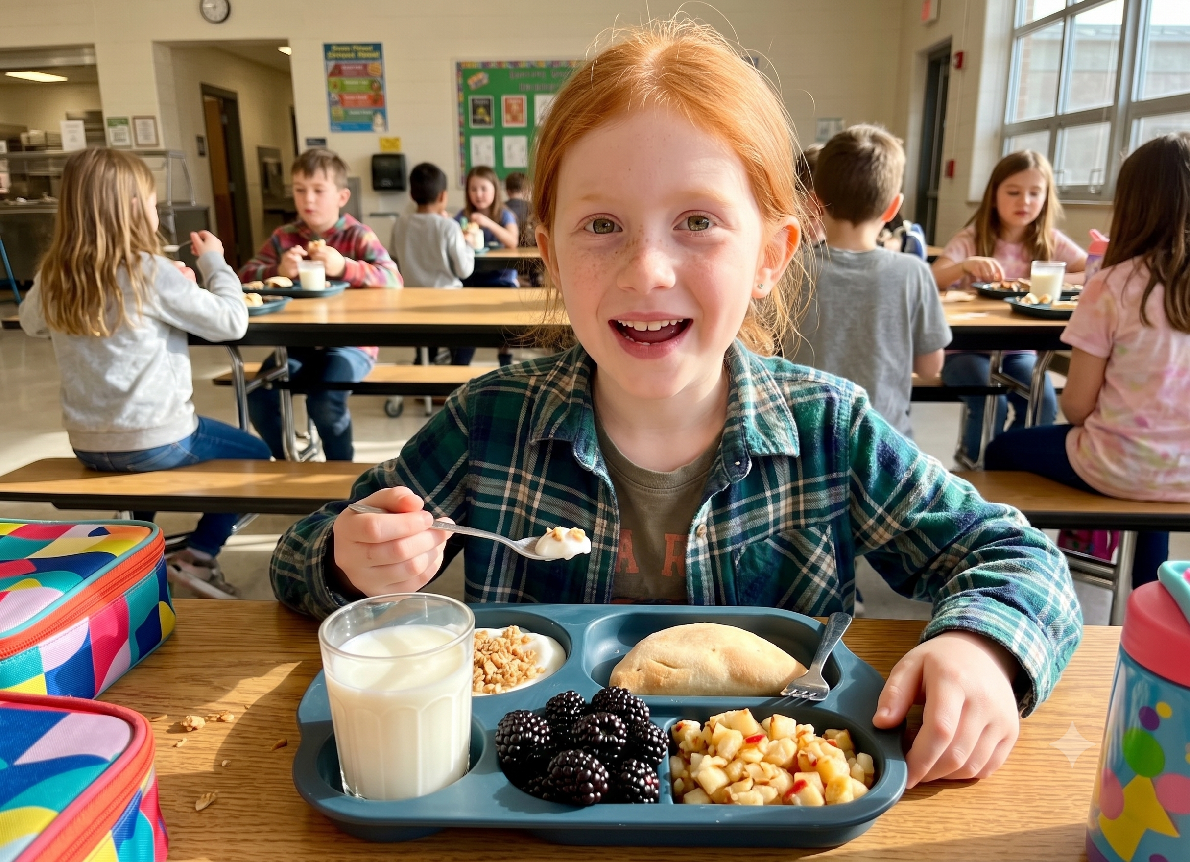 A young girl with red hair and a flannel shirt happily eating breakfast in a school cafeteria. Other children are seated at tables in the background, eating and talking. The girl has a tray of food including blackberries, a fruit salad, a sandwich, and a glass of milk.
