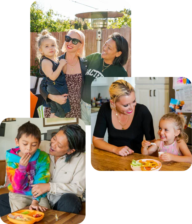 Three separate photos of people enjoying time together. Top photo: Two women, one holding a young girl outdoors with a heater and wooden fence in the background. Middle photo: Two women with a child, one woman with blonde hair, seated at a kitchen table while the young girl smiles at her. Bottom photo: Woman and boy with a rainbow hoodie sharing a snack at a table indoors.