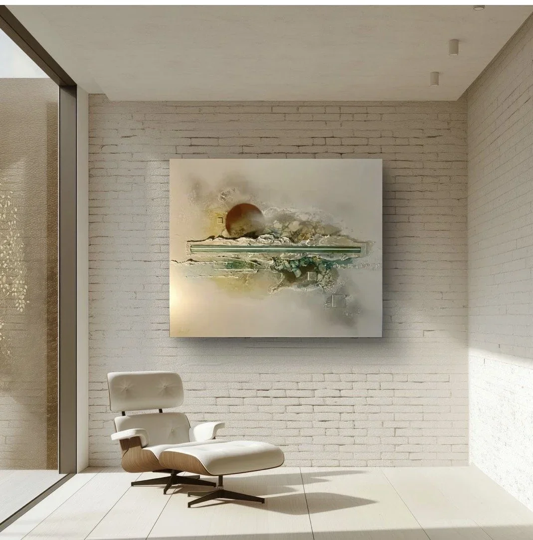 Modern interior with a white brick wall, a large abstract painting, and a white lounge chair with wooden accents.
