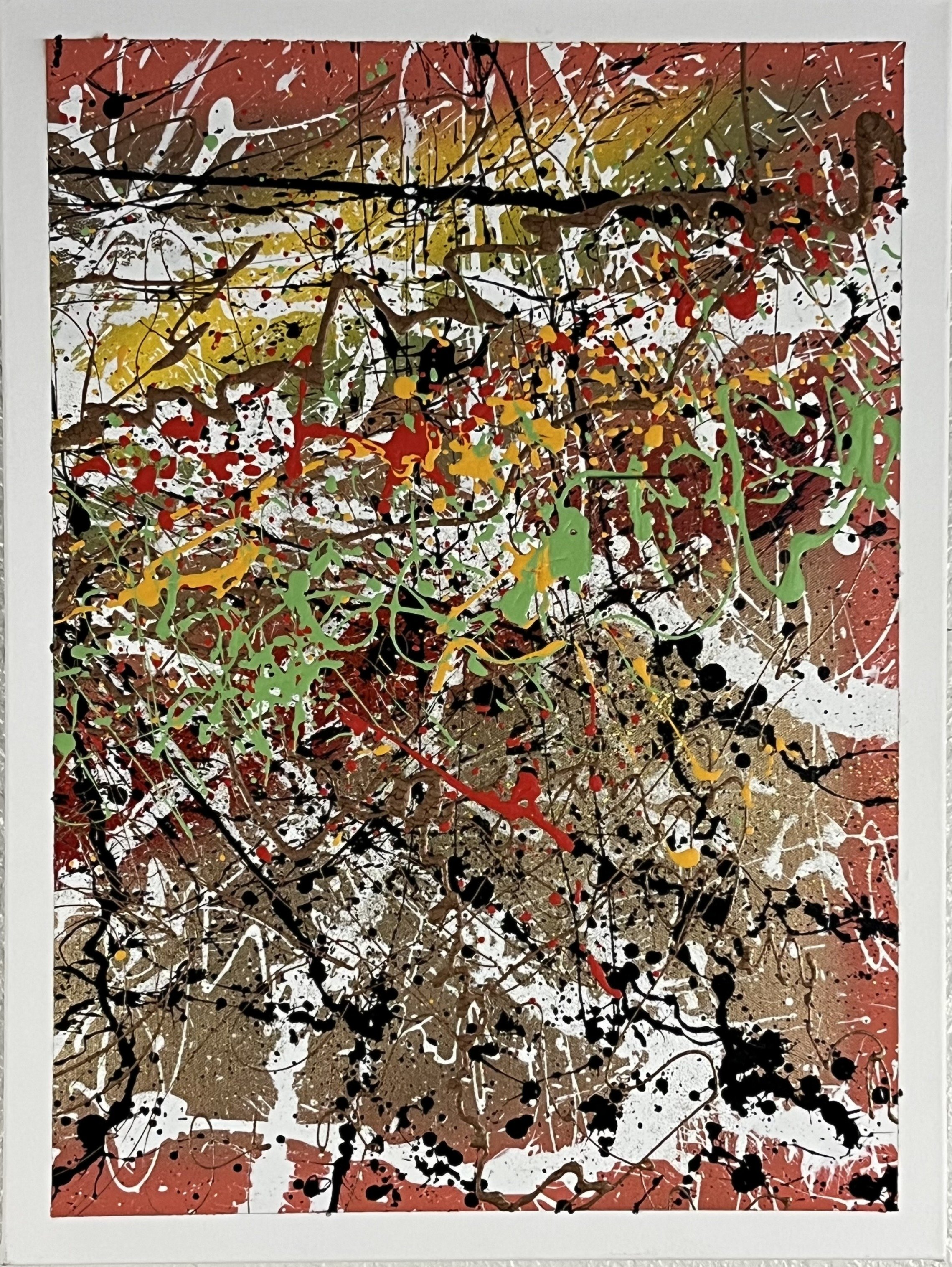 Abstract expressionist painting with splatters and drips of black, white, red, yellow, green, and brown paint on a beige background.