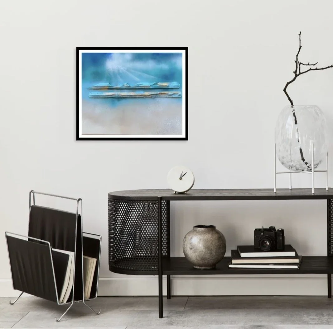 Modern room interior with a black sideboard, abstract artwork, a white clock, a ceramic vase, a camera, and books, with a minimalist vase and branch on a stand.