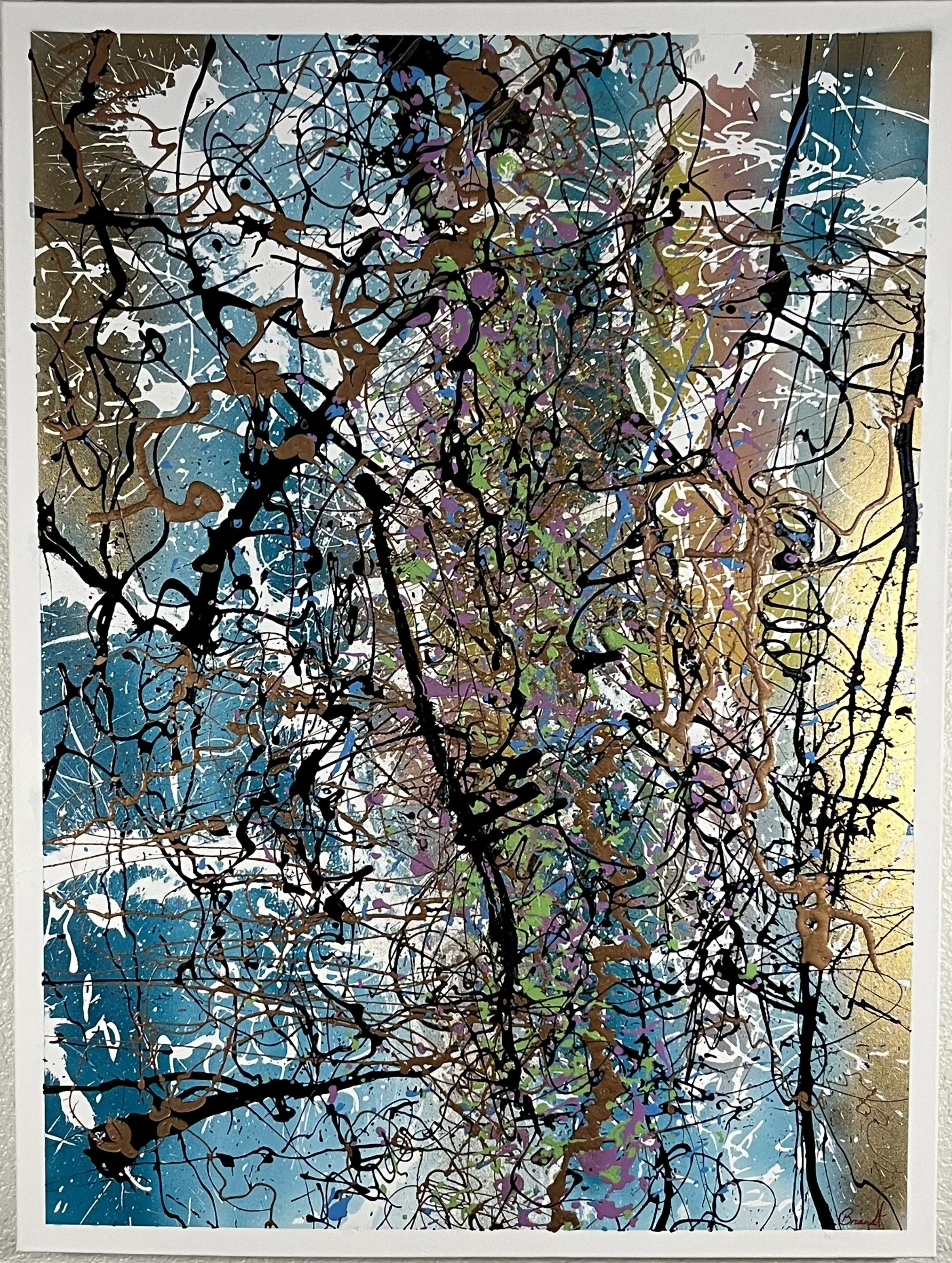 Abstract painting with multicolored splashes and drips of paint, including black, gold, purple, green, blue, and white, creating a chaotic, energetic composition.