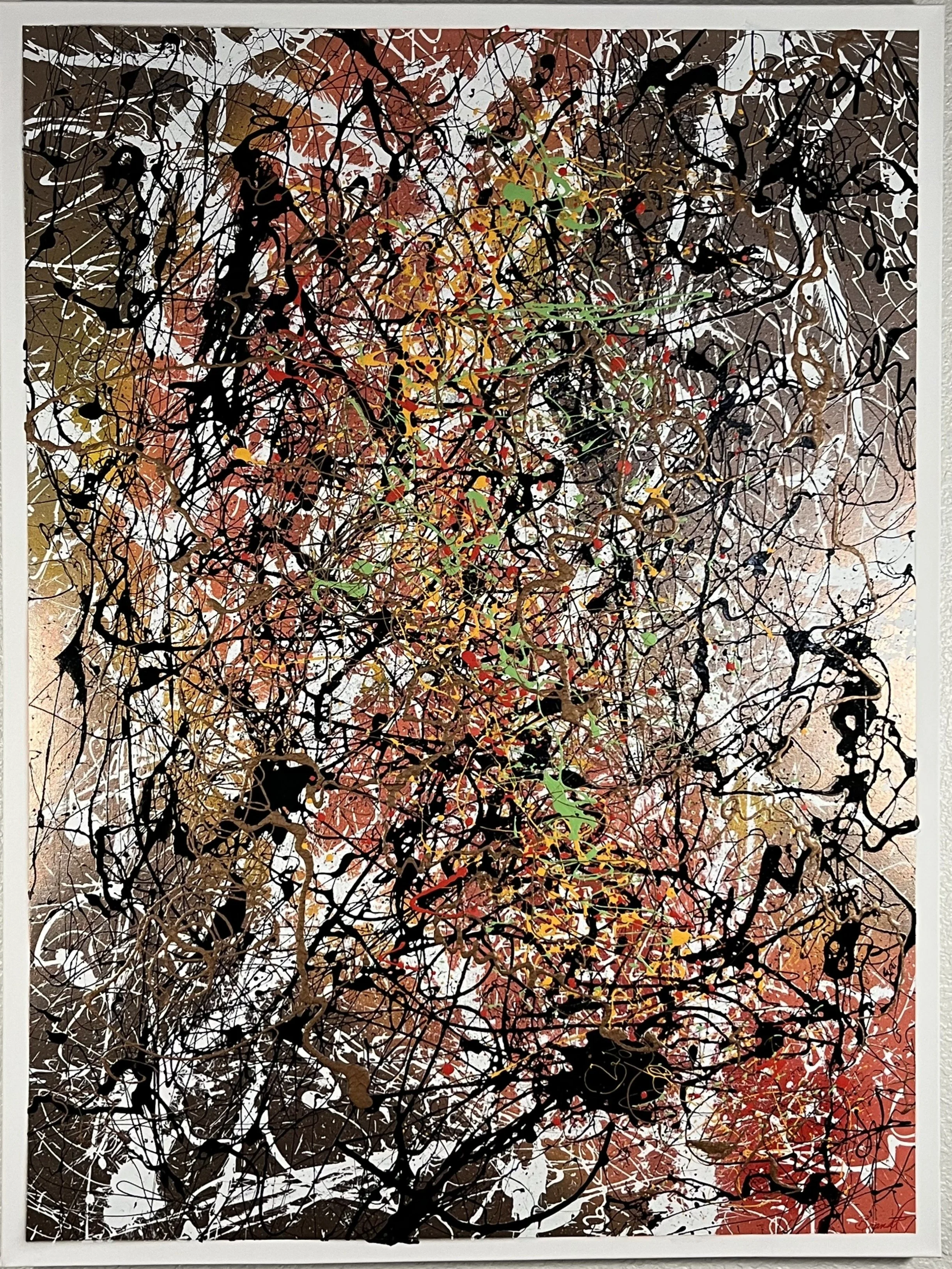 Abstract painting with black, gold, red, green, and white paint splatters and lines on a tan background.