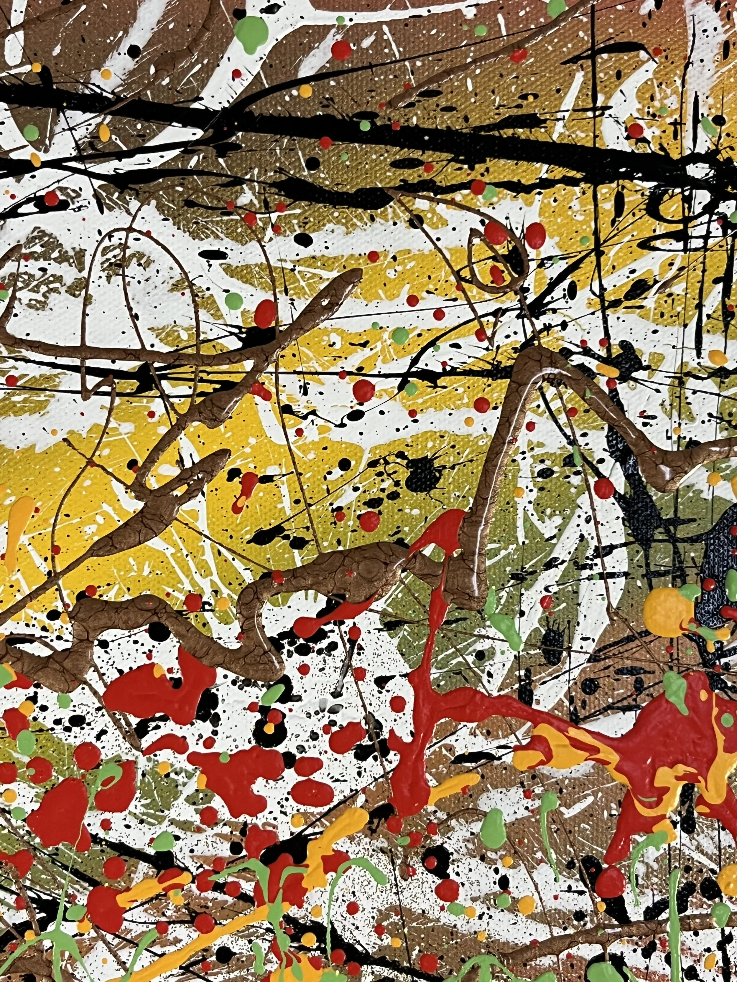 Abstract splatter painting with black, red, green, yellow, and brown paint on a white background.
