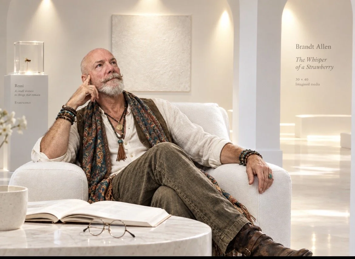 An older man with a white beard and bald head sitting on a white sofa in an art gallery, looking thoughtful. He's wearing a beige shirt, layered necklaces, colorful bracelets, and brown pants, with glasses resting on the table in front of him. The gallery wall features minimalistic art and text describing an artwork titled "The Whisper of a Strawberry" by Brandt Allen.